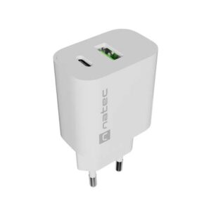 natec ribera cargador de pared 20w 1xusb a + 1xusb c carga rapida 2 dispositivos simultaneos color blanco
