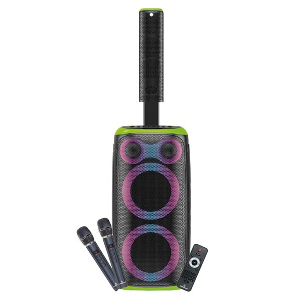 coolsound blast pump 2.1 altavoz karaoke 2x 6.5" 80w rms 5 tweeters iluminacion rgb bluetooth, usb, tarjeta tf y auxiliar 2 microfonos inalambricos incluidos mando a distancia color verde