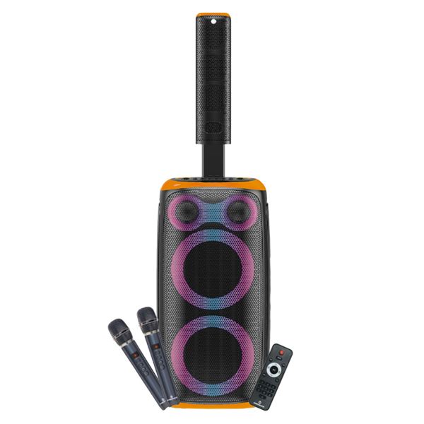 coolsound blast pump 2.1 altavoz karaoke 2x 6.5" 80w rms 5 tweeters iluminacion rgb bluetooth, usb, tarjeta tf y auxiliar 2 microfonos inalambricos incluidos mando a distancia color naranja