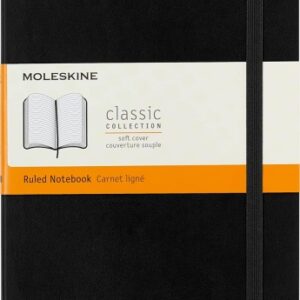 moleskine classic libreta de tapa blanda papel marfil rayado 70g/m2 apertura 180º esquinas redondeadas marcapaginas bolsillo interior extensible cierre elastico 13x21cm color negro