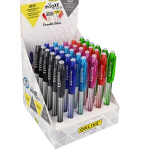 online magixx classic expositor con 36 boligrafos de tinta gel borrables trazo de 0.7mm cartucho reemplazable uso ambidiestro colores surtidos