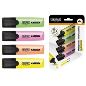 ingraf long life pack con 4 marcadores fluorescentes punta biselada trazo 2 5mm tinta base de agua colores surtidos