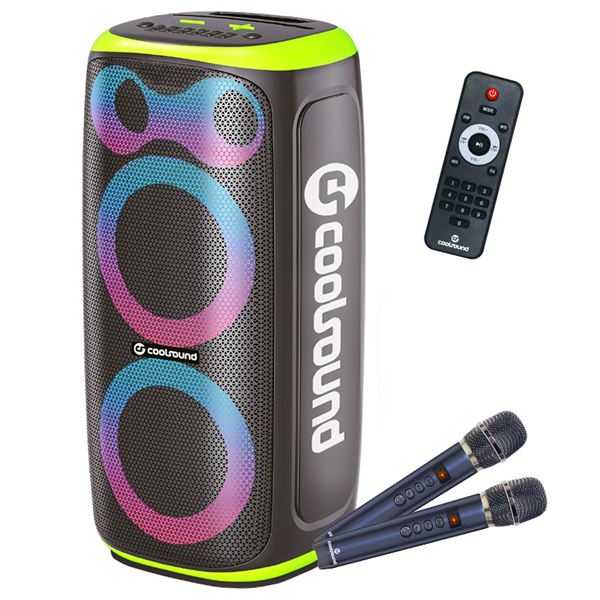 coolsound blast pump altavoz karaoke 2x 6.5" 60w rms iluminacion rgb bluetooth, usb, tarjeta tf y auxiliar 2 microfonos inalambricos incluidos mando a distancia color verde
