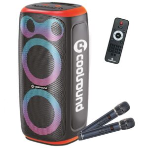 coolsound blast pump altavoz karaoke 2x 6.5" 60w rms iluminacion rgb bluetooth, usb, tarjeta tf y auxiliar 2 microfonos inalambricos incluidos mando a distancia color naranja