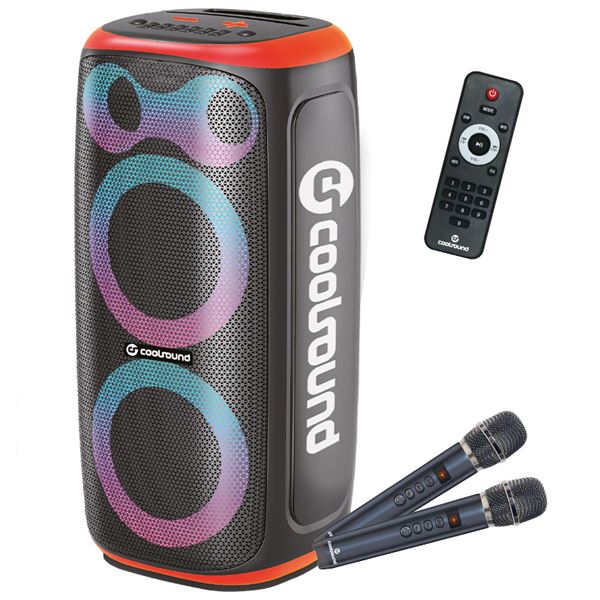 coolsound blast pump altavoz karaoke 2x 6.5" 60w rms iluminacion rgb bluetooth, usb, tarjeta tf y auxiliar 2 microfonos inalambricos incluidos mando a distancia color naranja