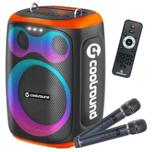 coolsound blast altavoz karaoke 8" 60w rms iluminacion rgb bluetooth, usb, tarjeta tf y auxiliar 2 microfonos inalambricos incluidos mando a distancia color naranja