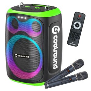 coolsound blast altavoz karaoke 8" 60w rms iluminacion rgb bluetooth, usb, tarjeta tf y auxiliar 2 microfonos inalambricos incluidos mando a distancia color verde