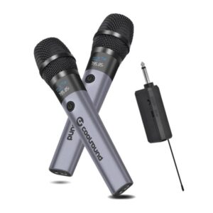 coolsound cs0287 pack 2 microfono inalambrico uhf autonomia hasta 6 horas receptor incluido emparejamiento automatico boton on/off jack de 6.3mm y 3.5mm color gris