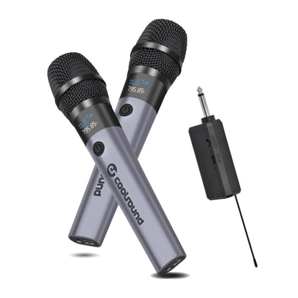 coolsound cs0287 pack 2 microfono inalambrico uhf autonomia hasta 6 horas receptor incluido emparejamiento automatico boton on/off jack de 6.3mm y 3.5mm color gris