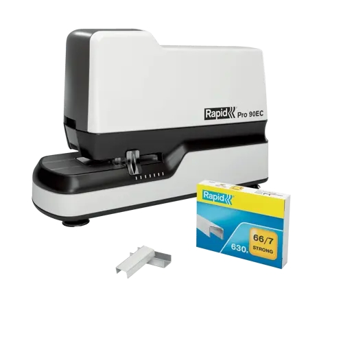 rapid pro 90ec grapadora electrica grapa hasta 50 hojas usa grapas nº66 y nº44 grapado cerrado ajuste automatico de la fuerza de grapado color blanco/negro