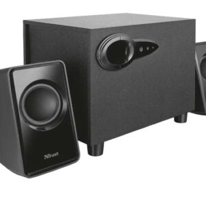 trust avora altavoces usb 2.1 18w subwoofer fabricado en madera control de volumen y bajos entrada jack 3.5mm color negro